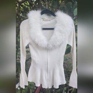 Boston Proper Ivory Cardigan with Faux Fur Collar